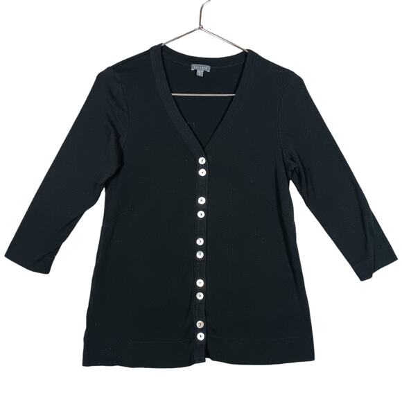 Lilla P Button Down Cardigan Size Medium 3/4 sleeves V Neck Black Flawed - Picture 1 of 6